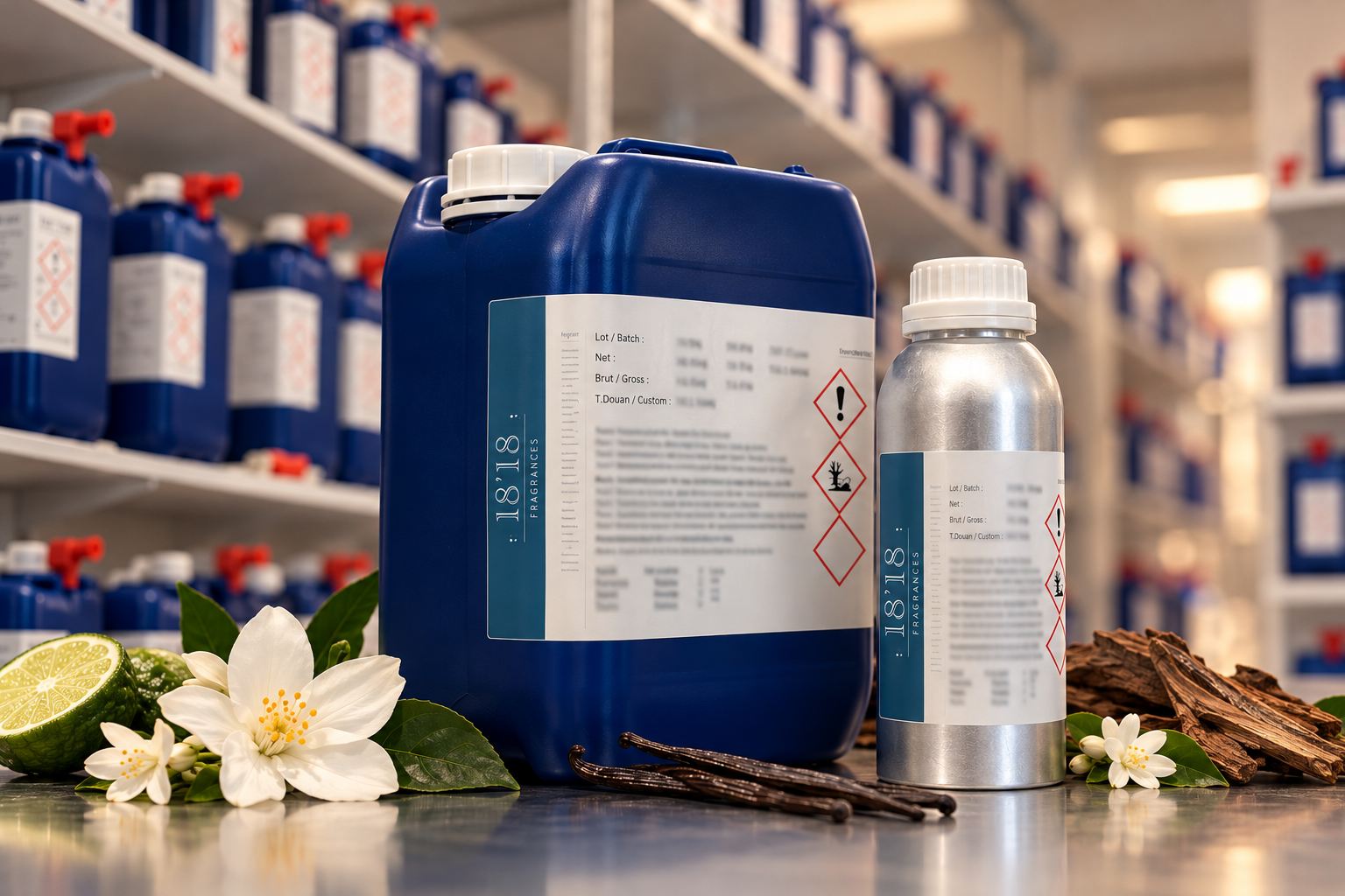 1818 Fragrances branded containers in warehouse